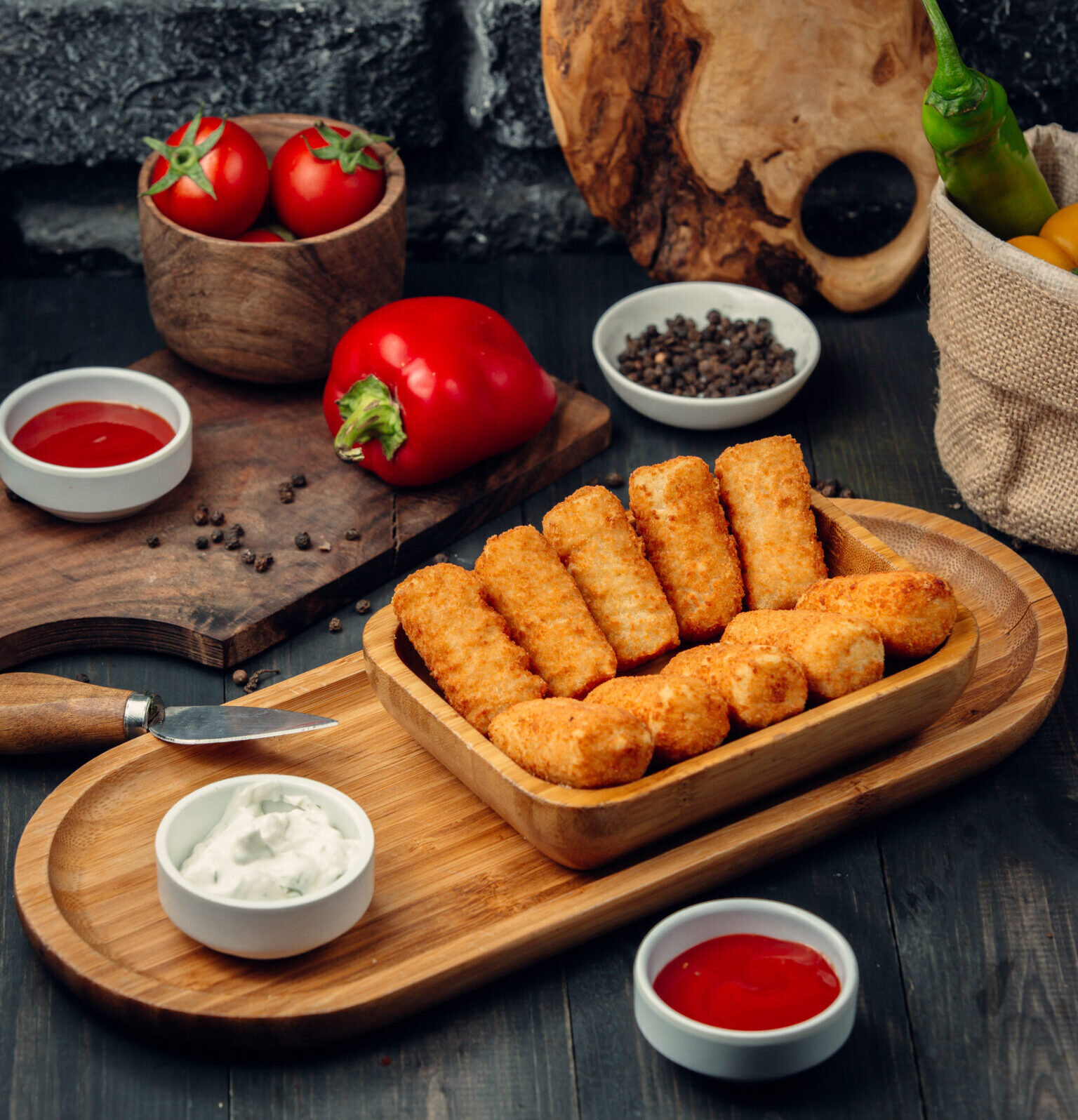 fried-chicken-sticks-wooden-board-with-mayonnaise-tomato-sauce