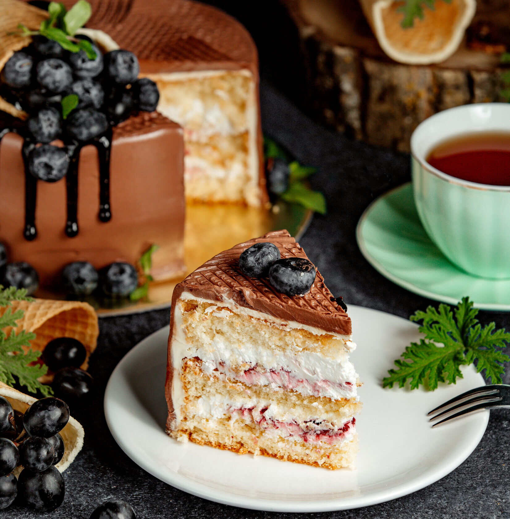 a piece of chocolate cake with berries